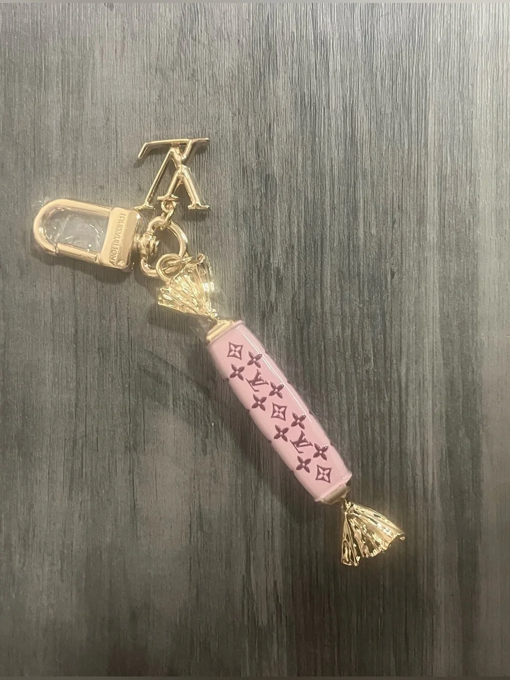 Luxury Pink Monogram Candy Charm Keychain - Gold Hardware